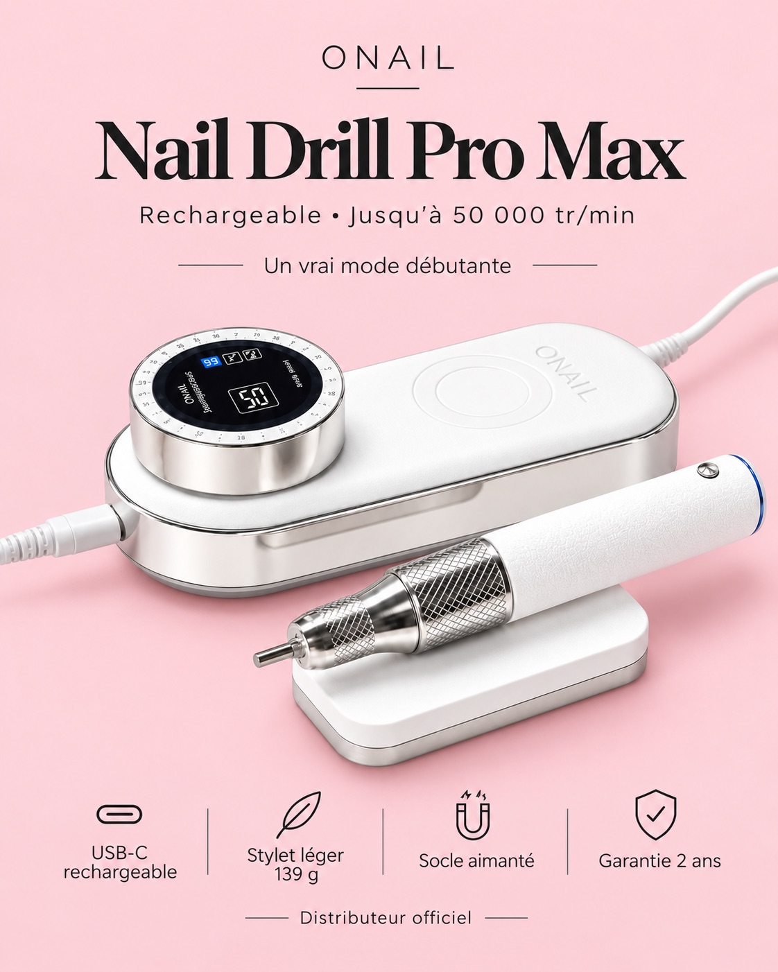 Ponceuse ONAIL Nail Drill Pro Max – rechargeable, jusqu'à 50 000 tr/min NC Beauty Pro : Ponceuse ONAIL Nail Drill Pro Max